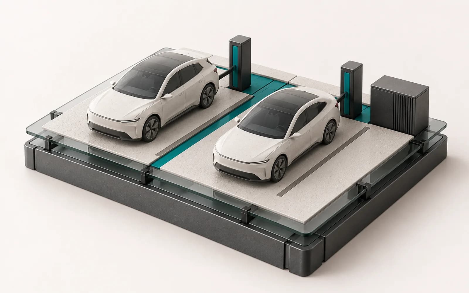Két rendezett parkolóhelyet és közös töltőinfrastruktúrát bemutató makett