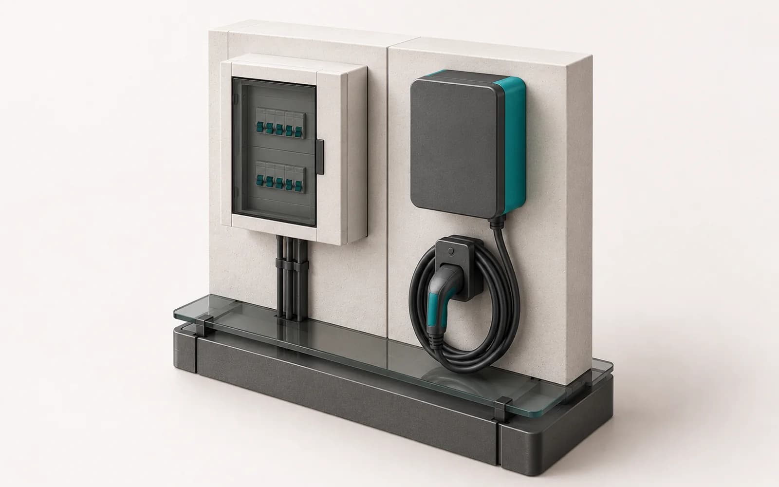 A model of a home EV charger, distribution board and tidy cable route